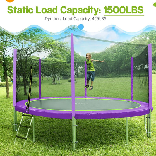 1800LBS Weight Capacity Double Frames Trampoline with No-Gap Design Curved Poles 16 15 14 12 10FT Trampolines with Enclosure Net for Kids Adults, Outdoor Family Fun