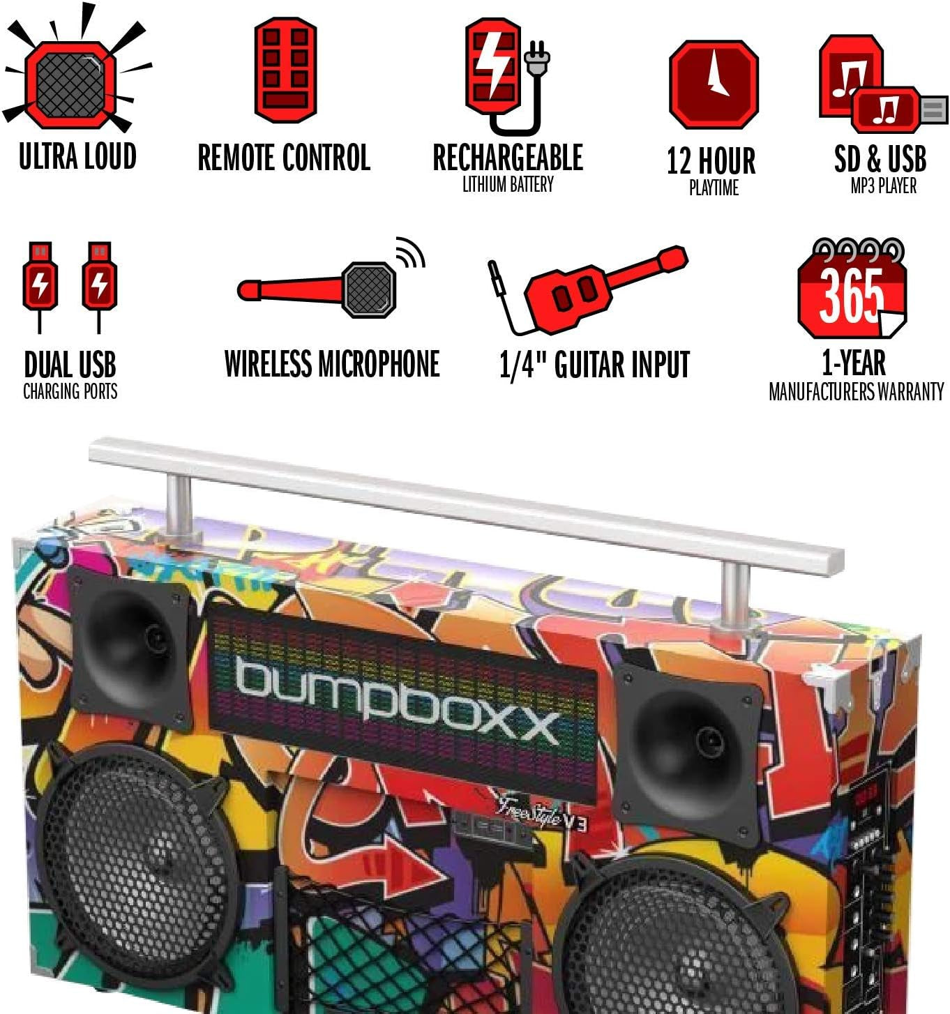 V3S Freestyle Bluetooth Boombox in Red by